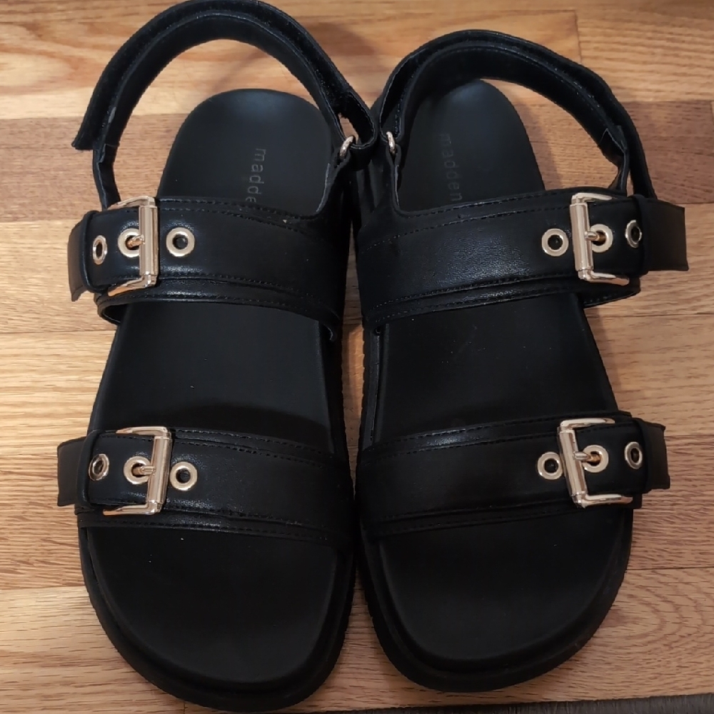 Madden Girl Black Sandals with Gold Buckles